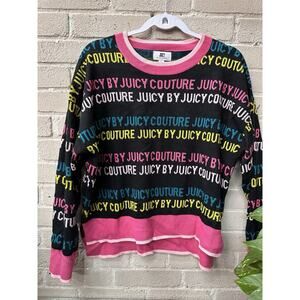 JUICY COUTURE Sweater L Black Pink Crop Boxy Colorful Graphic Logo Cropped